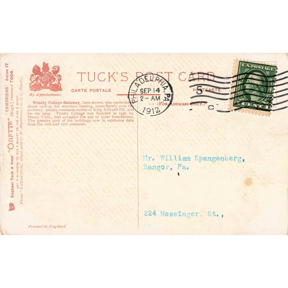Cambridge England Trinity College Gateway Tuck Oilette Postcard W Matthison 1912 - Picture 2 of 2